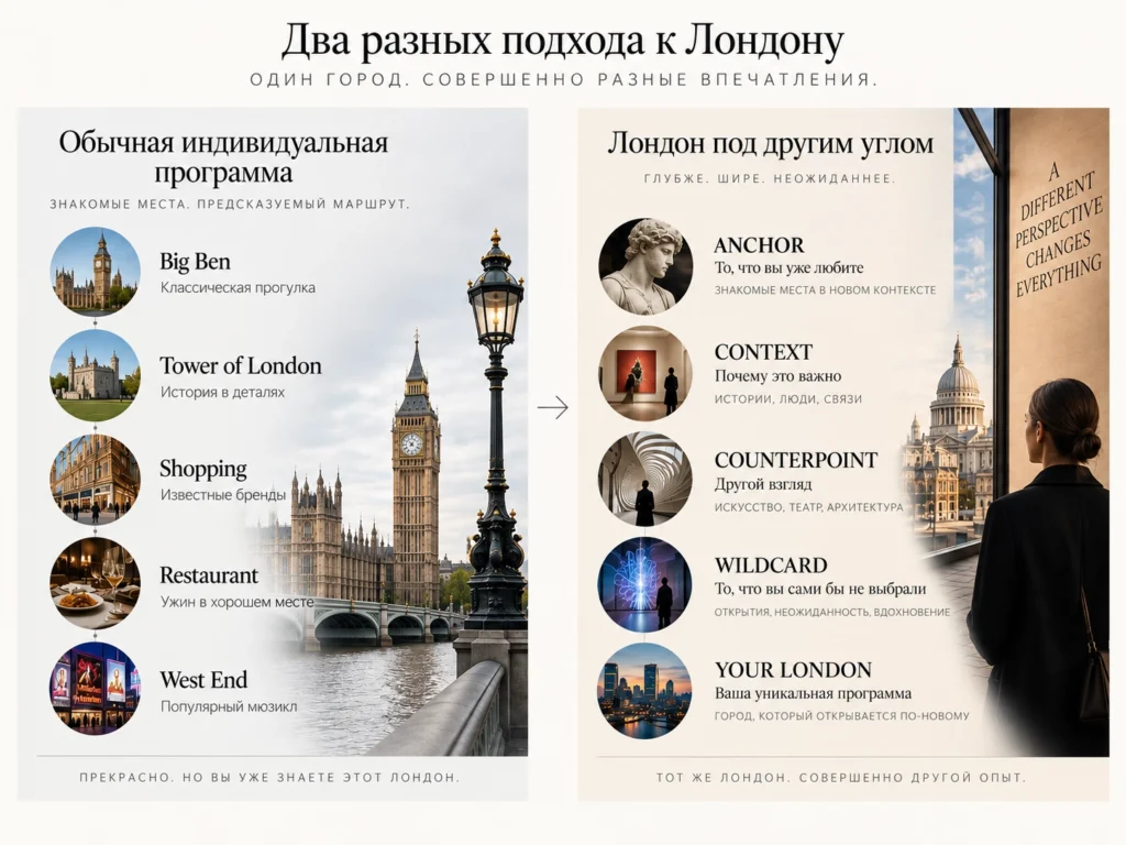 Сравнение обычной индивидуальной программы и услуги «Лондон под другим углом»