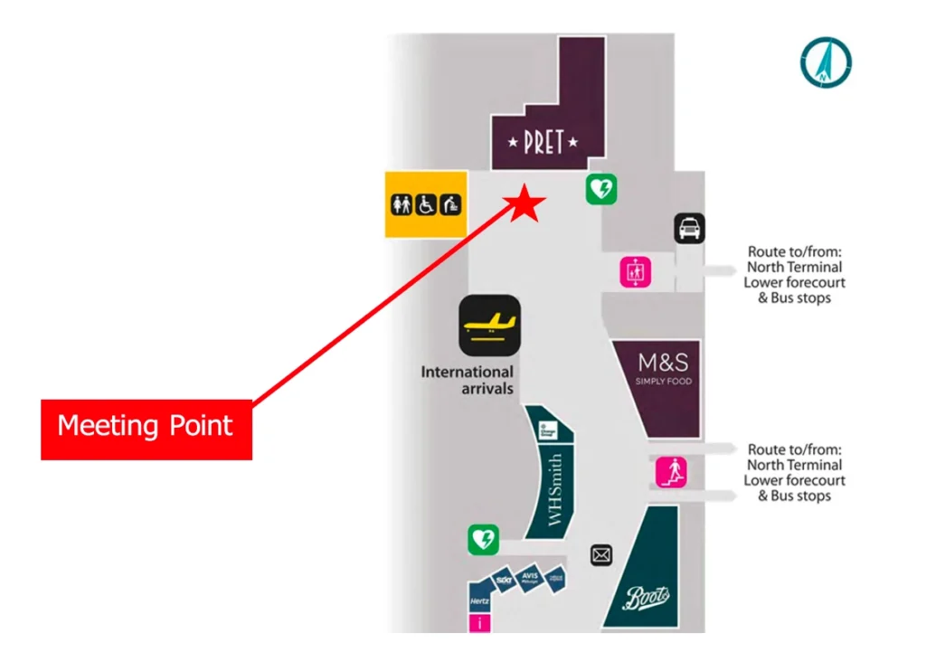Схема зоны международных прилётов Gatwick North Terminal с отмеченной точкой встречи рядом с Pret A Manger