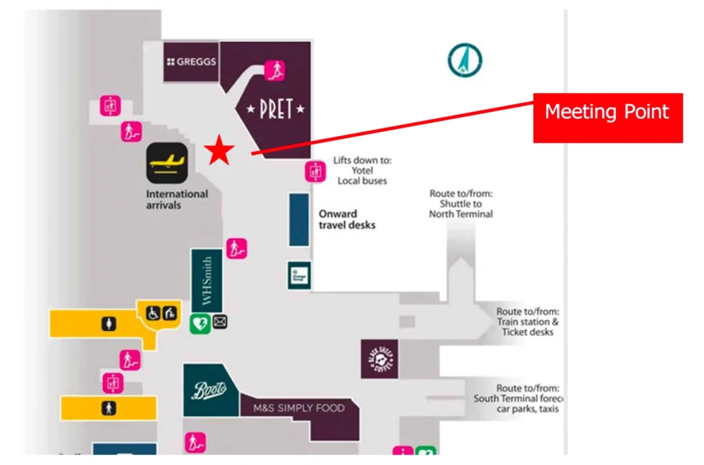 Схема зоны международных прилётов Gatwick South Terminal с точкой встречи у выхода рядом с Pret A Manger