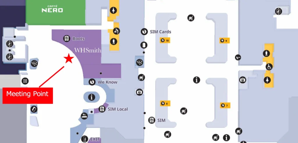 Схема зоны прилёта аэропорта London Heathrow Terminal 2 с выходами, стойками информации и магазинами