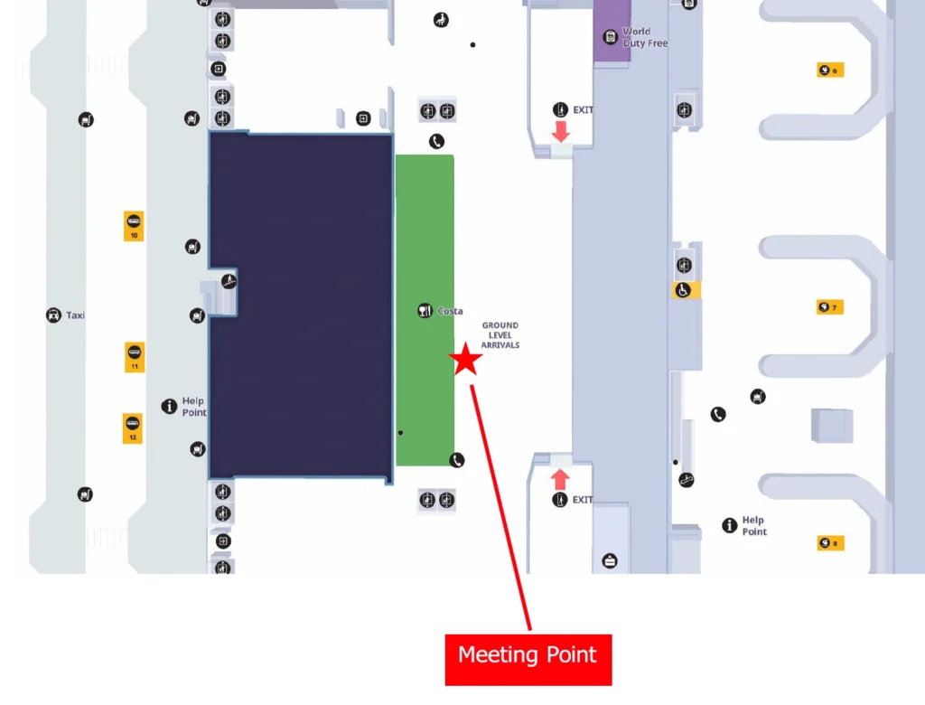Схема зоны прилёта Heathrow Terminal 5 с отмеченной точкой встречи рядом с Costa
